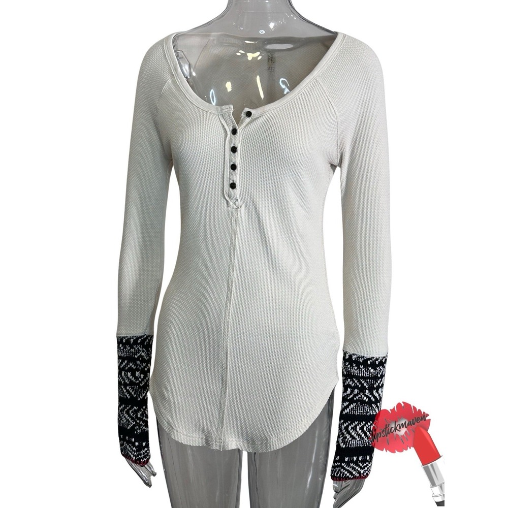Free People Newbie Thermal Alpine Henley Top Women Medium Cuffs‎ Cream Cozy